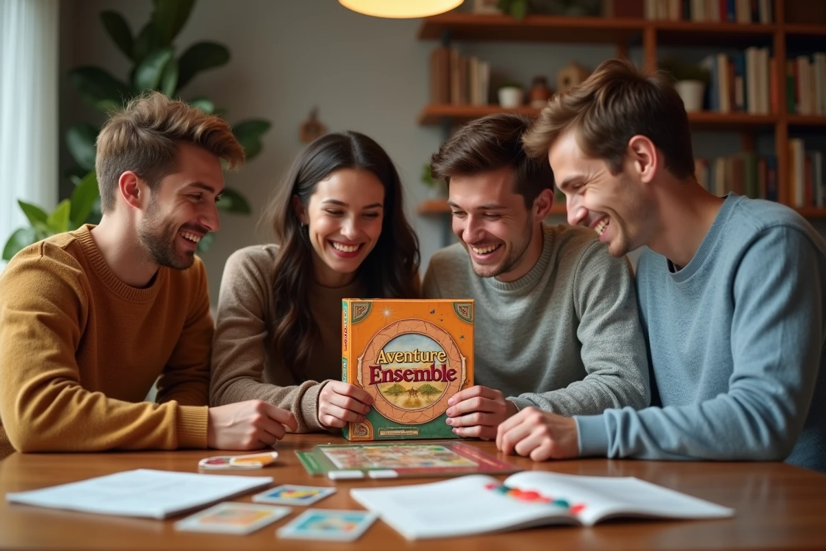 Famille réunie autour du coffret de jeu ETB Aventure Ensemble sur une table en bois