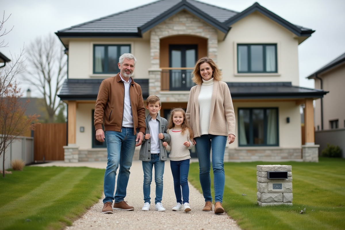 Famille heureuse devant leur maison neuve en plein air