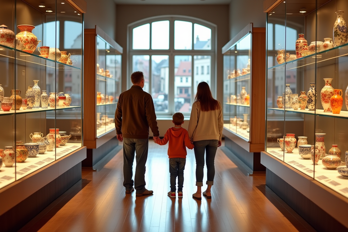Famille admire des objets en enamel dans un musee lumineux