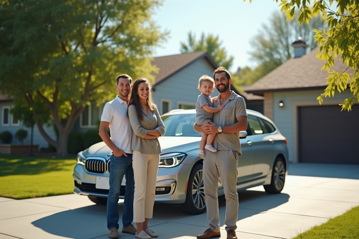 Famille souriante à côté d'une voiture moderne fiable