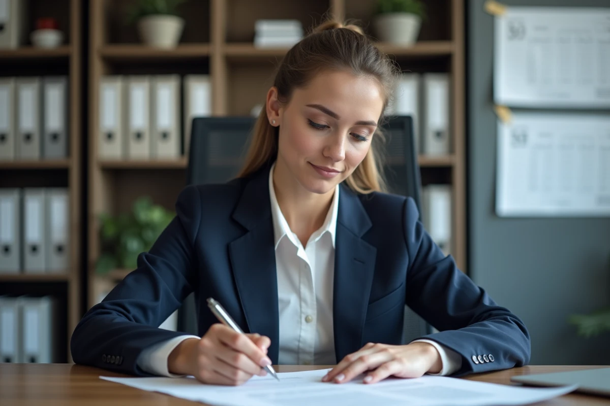 Jeune femme d'affaires en bureau lisant un contrat