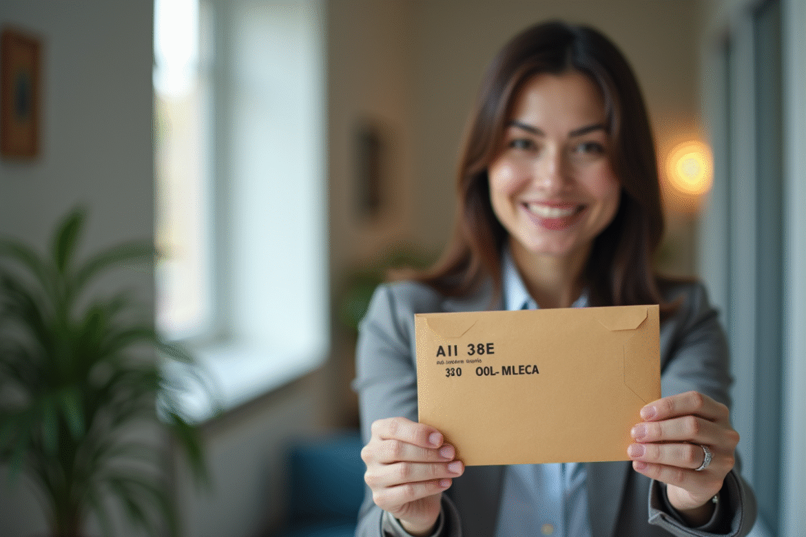 Femme d'affaires canadienne tenant une enveloppe avec code postal du Quebec