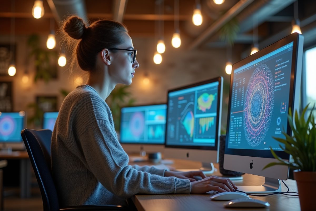 Jeune femme examinant des visualisations quantiques sur un écran