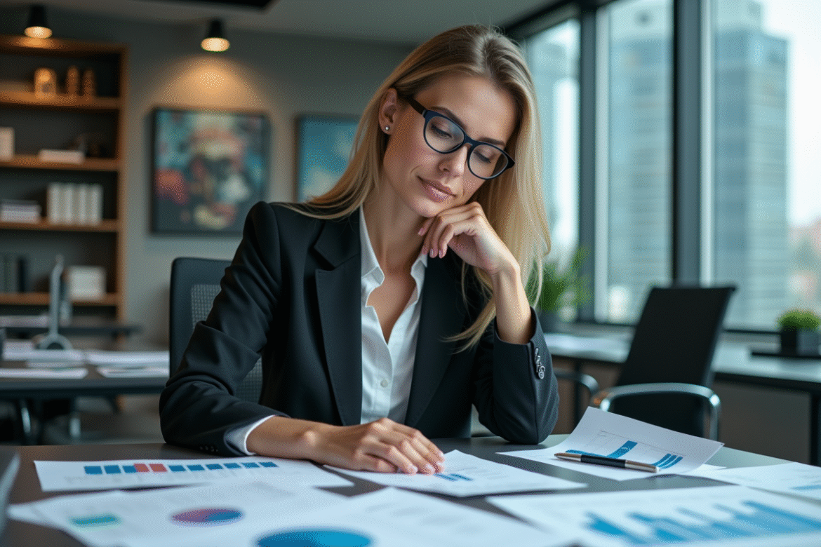 Femme d'âge moyen en blazer analysant des documents au bureau