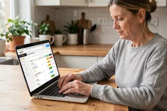 Femme consultant l'historique de commandes Amazon sur un ordinateur portable dans une cuisine moderne pour archiver une commande familiale