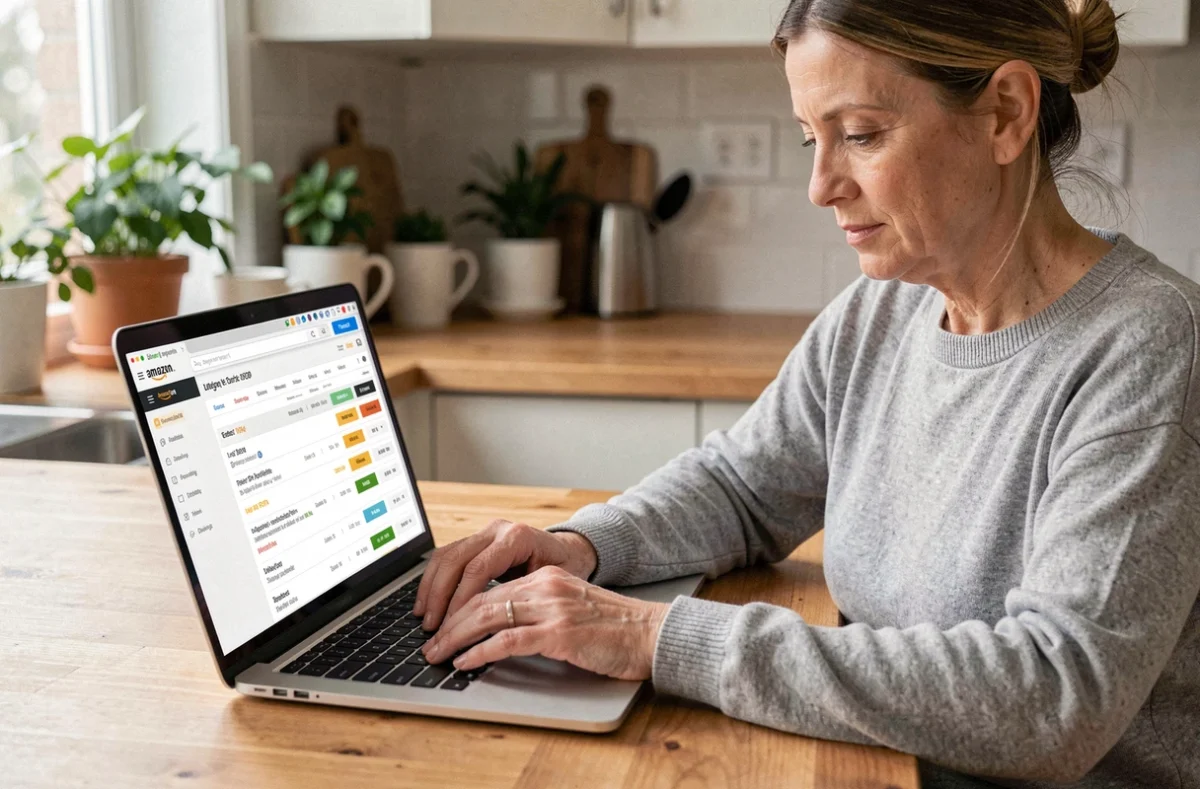 Femme consultant l'historique de commandes Amazon sur un ordinateur portable dans une cuisine moderne pour archiver une commande familiale