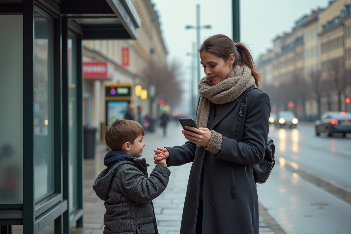 Femme en manteau attendant à un arrêt de bus en ville