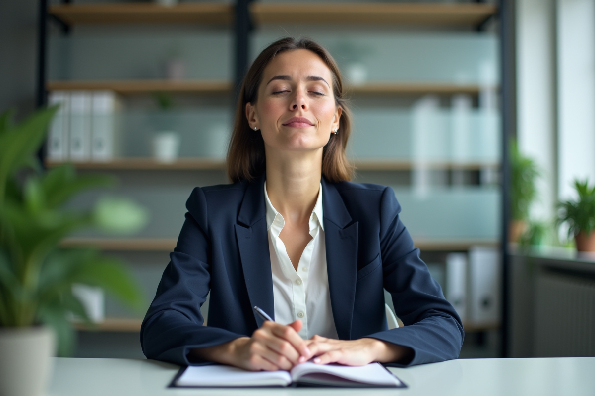 Femme concentrée dans un bureau moderne en tenue professionnelle