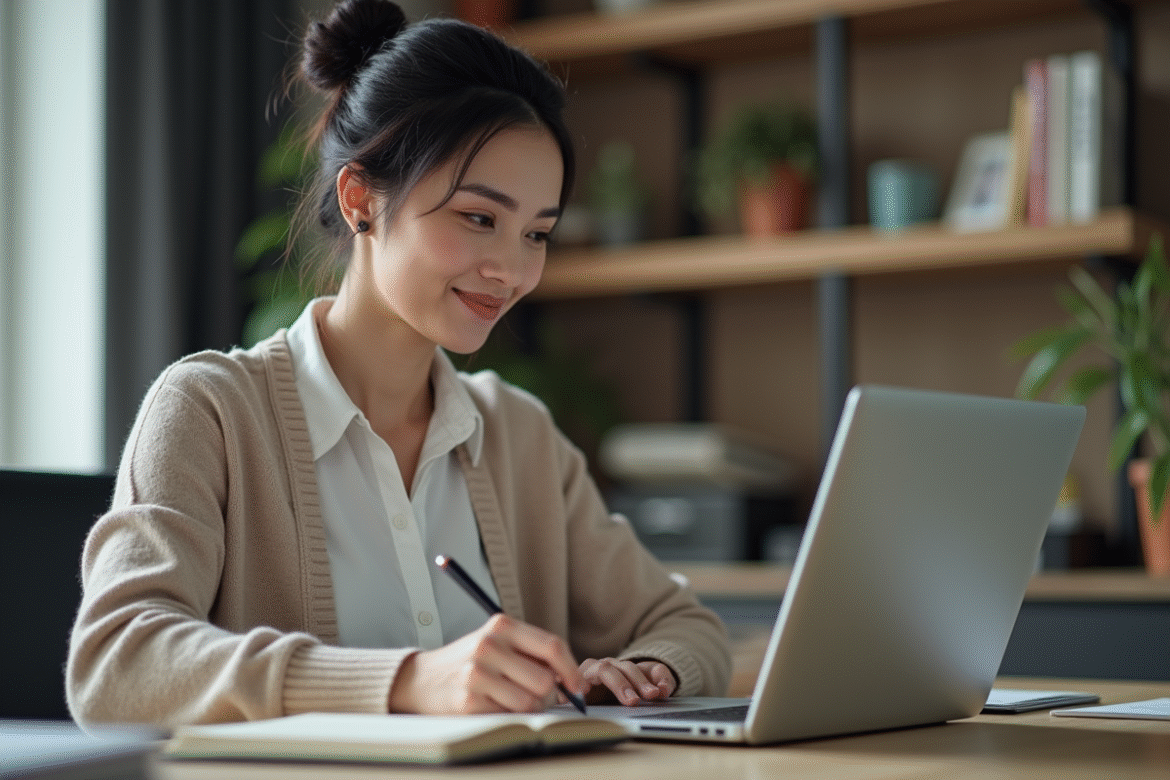 Femme au bureau à domicile en blouse et cardigan