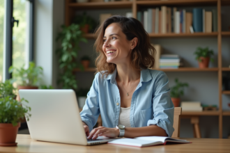 Femme souriante travaillant dans un bureau à domicile moderne