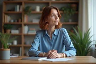 Femme d'âge moyen assise à un bureau à domicile
