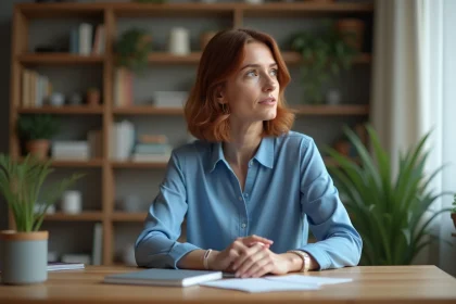 Femme d'âge moyen assise à un bureau à domicile
