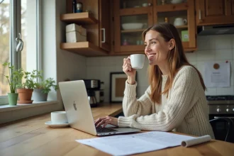 Femme souriante avec checklist Black Friday à la maison