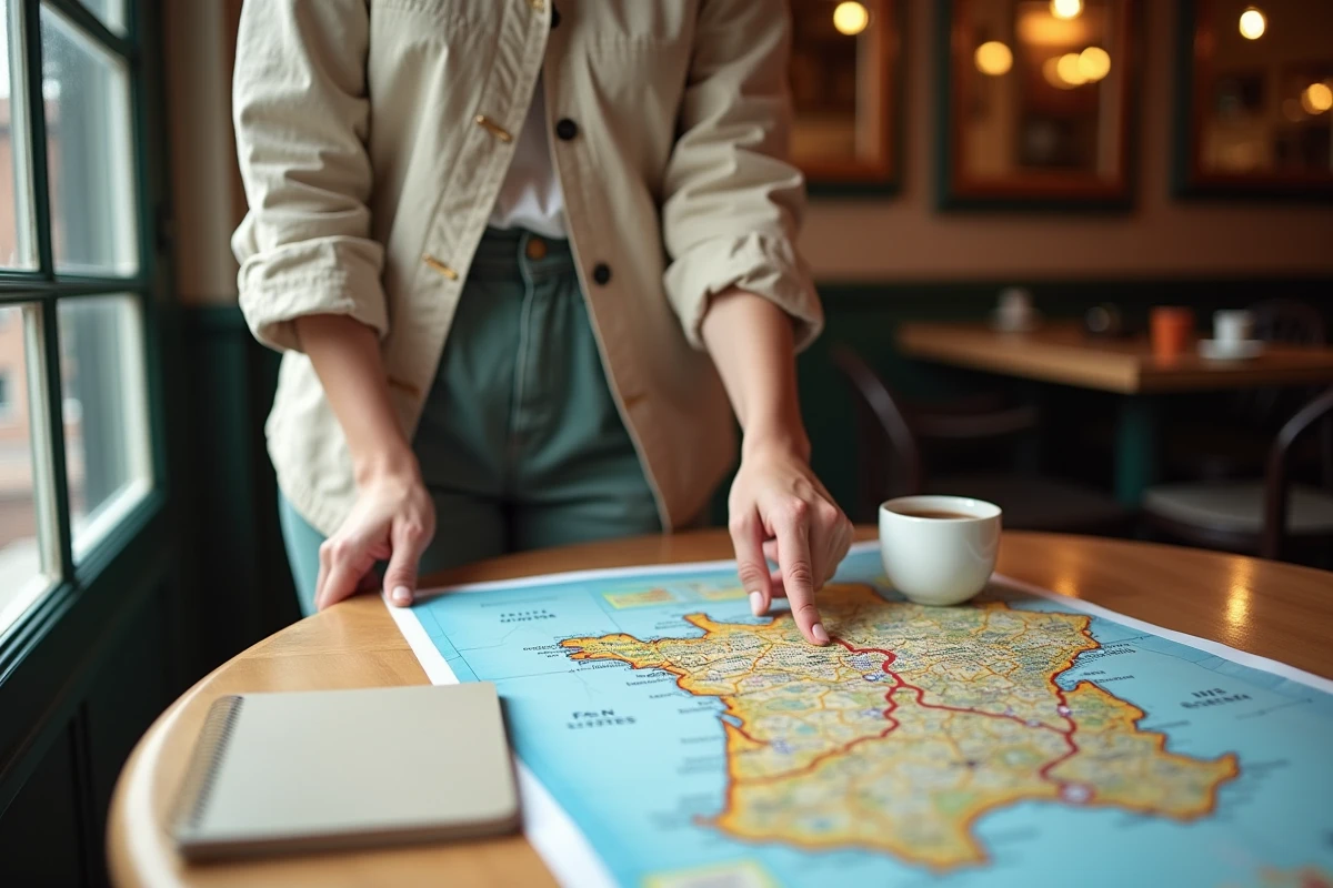Femme consultant une carte routière de France dans un café toulousain pour planifier son trajet vers Toulouse
