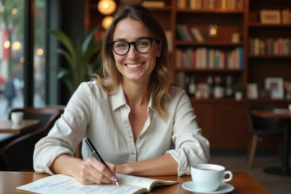 Femme écrivant une carte postale dans un café parisien avec un livre de grammaire française posé à côté