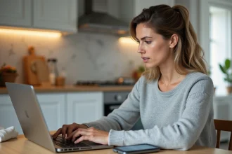 Femme consultant des codes promo Carrefour Drive sur son ordinateur portable dans une cuisine moderne