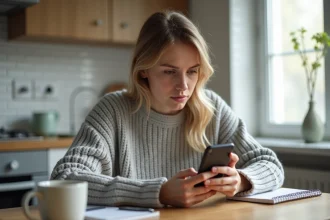 Jeune femme comparant des offres de forfait mobile Lycamobile sur son smartphone à la maison
