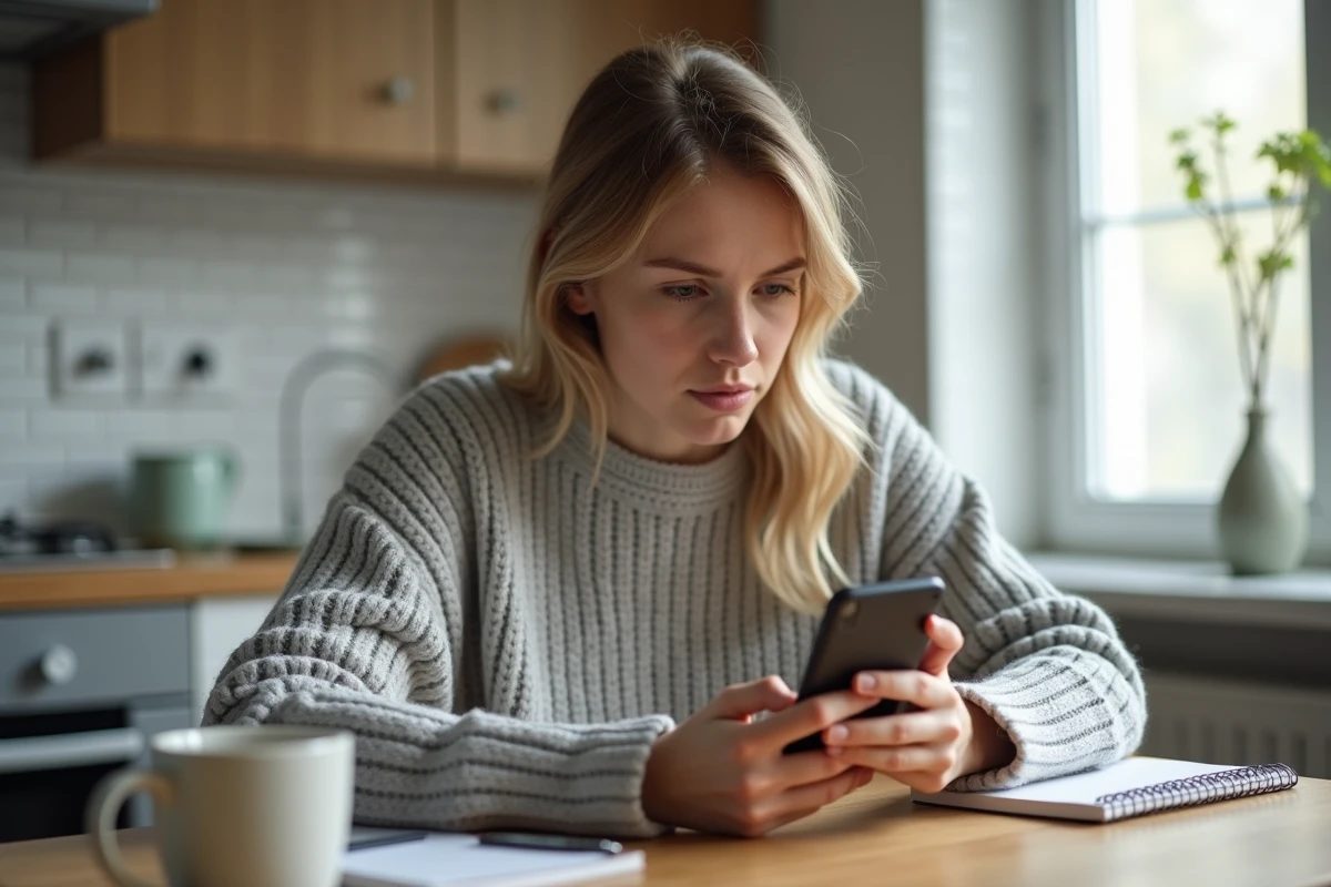 Jeune femme comparant des offres de forfait mobile Lycamobile sur son smartphone à la maison
