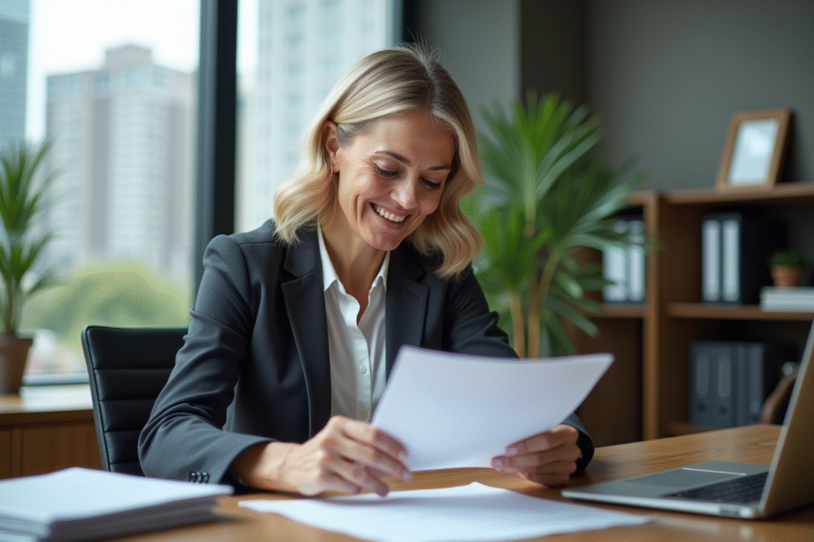 Femme souriante en tenue professionnelle examine des documents de prêt immobilier dans son bureau moderne