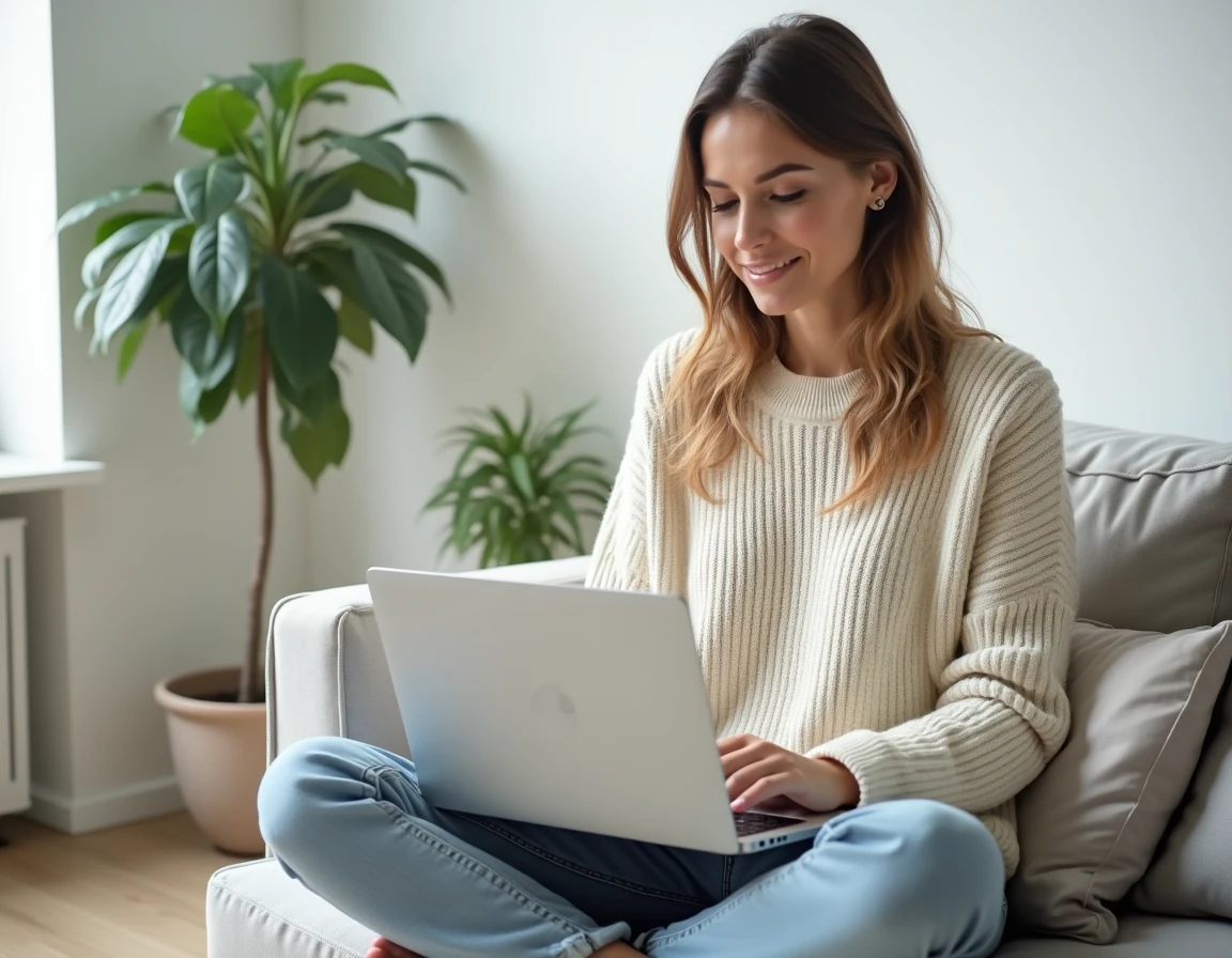 Femme utilisant un convertisseur de dates en chiffres romains sur un ordinateur portable dans un salon moderne