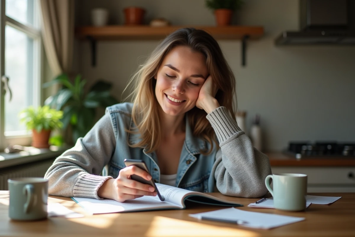 Femme concentrée avec smartphone dans une cuisine chaleureuse