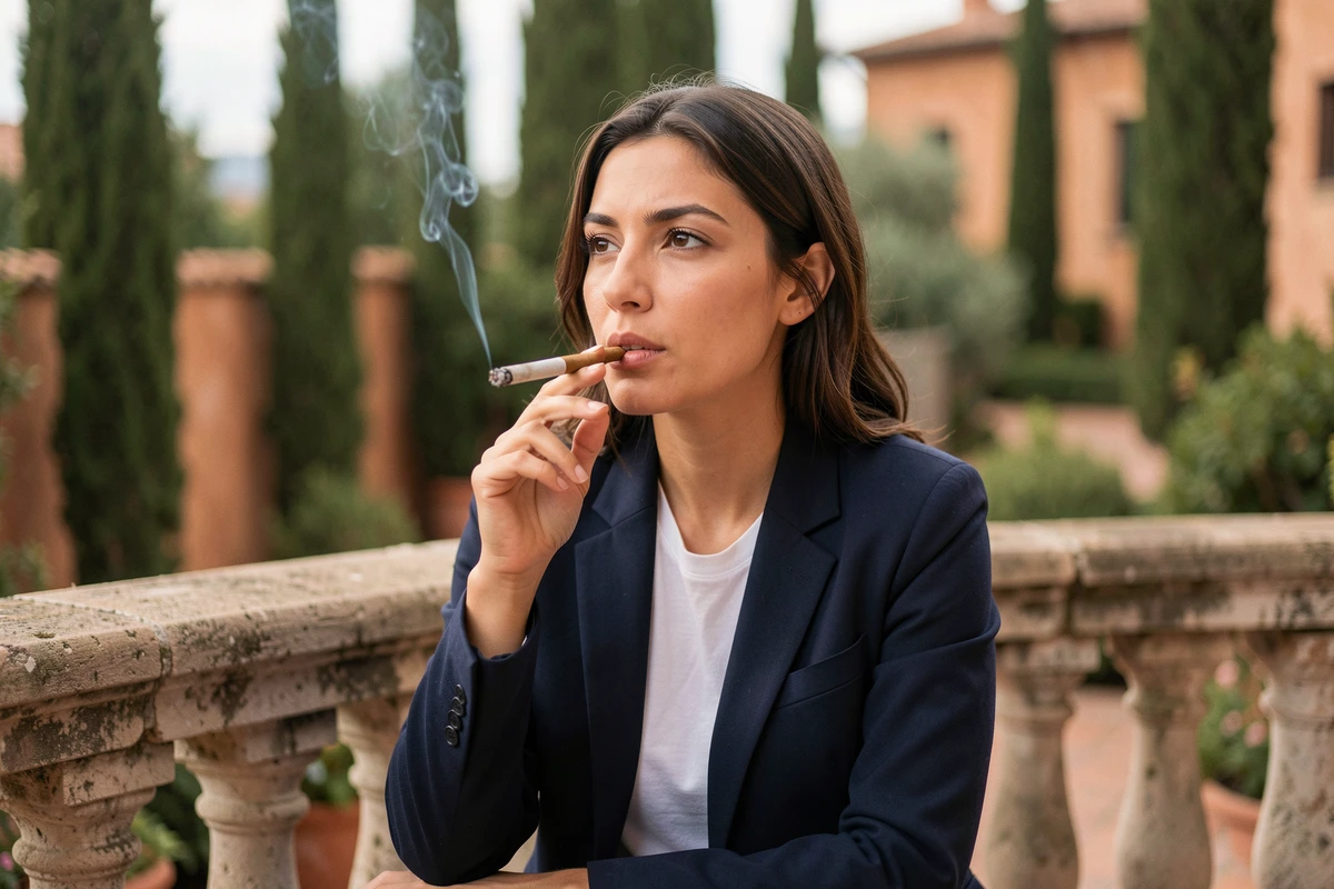 Femme débutante fumant un cigare en terrasse extérieure dans un cadre méditerranéen détendu