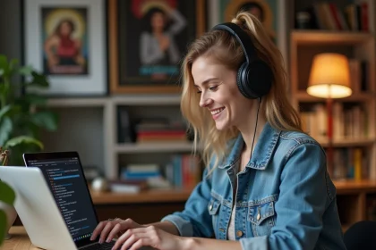 Femme souriante avec casque écoute musique dans un bureau cosy