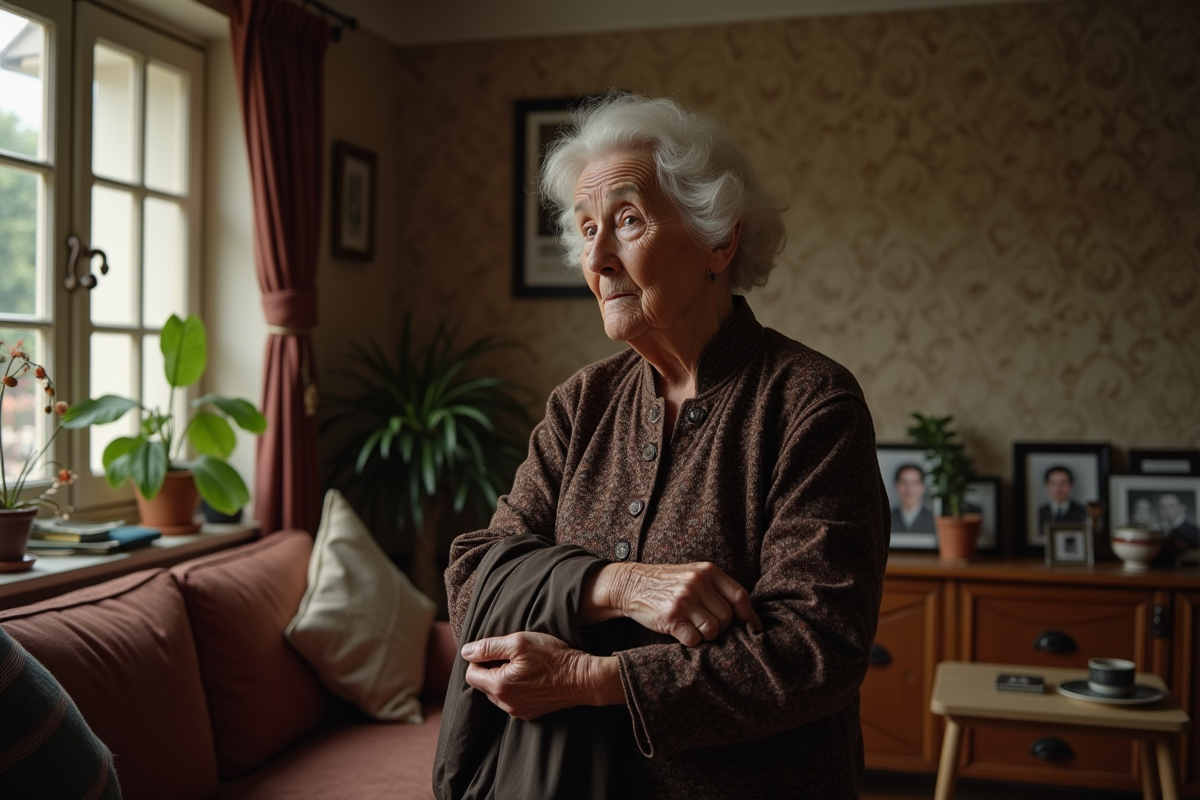 Femme âgée en tenue traditionnelle dans son salon
