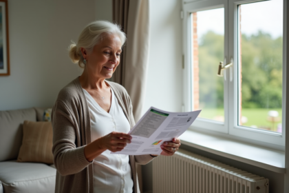 Femme examinant un rapport d'efficacite energetique dans un salon moderne