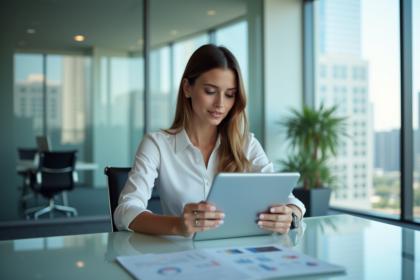 Femme confiante en bureau moderne avec tablette et rapports