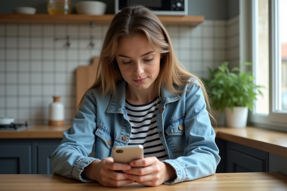 Jeune femme française au téléphone à la maison