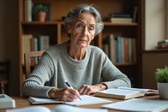 Femme concentrée relisant une règle de grammaire française dans un bureau à domicile entouré de livres et de cahiers