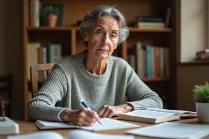 Femme concentrée relisant une règle de grammaire française dans un bureau à domicile entouré de livres et de cahiers