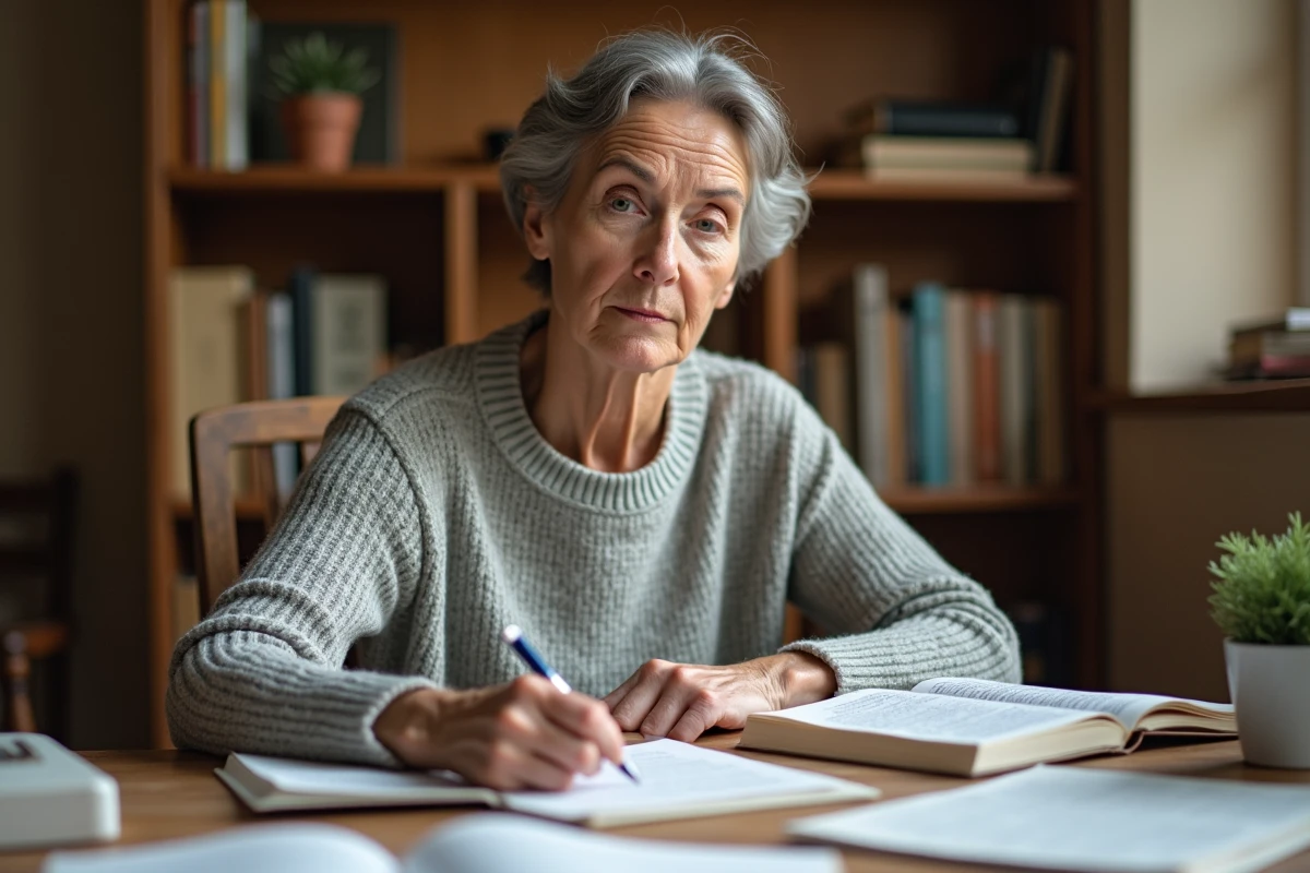 Femme concentrée relisant une règle de grammaire française dans un bureau à domicile entouré de livres et de cahiers