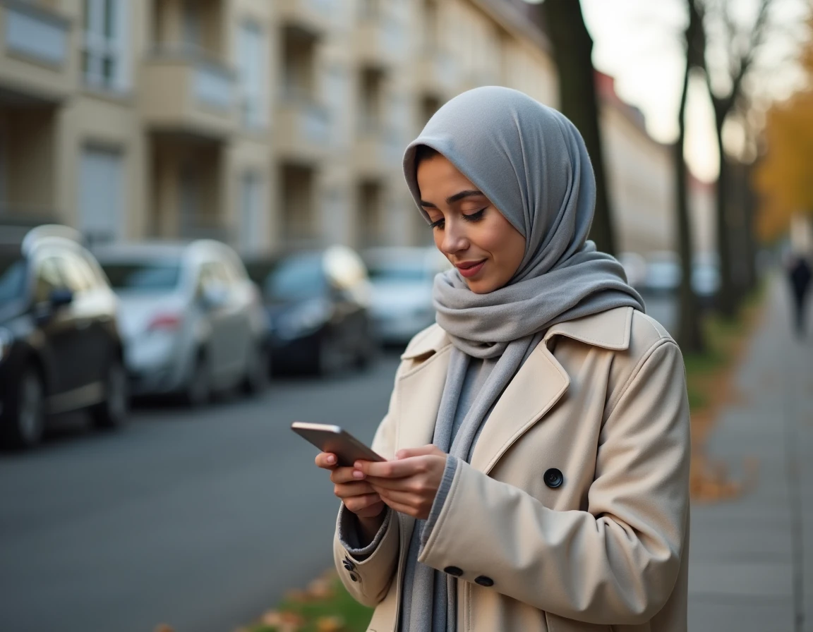 Femme musulmane consultant les horaires de prière sur son téléphone dans une rue résidentielle d'Argenteuil