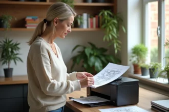Femme d'âge moyen chargeant des dessins en noir et blanc dans une imprimante moderne