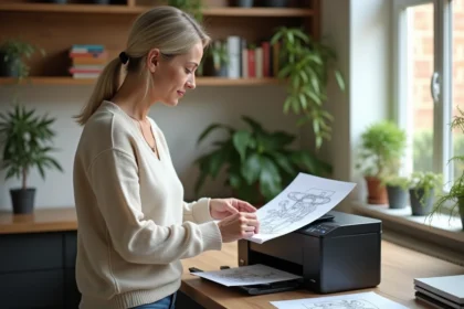 Femme d'âge moyen chargeant des dessins en noir et blanc dans une imprimante moderne