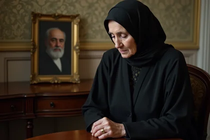 Femme iranienne âgée en voile sombre et manteau noir lors d'un hommage