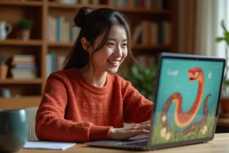 Jeune femme regardant un jeu Google Doodle sur son ordinateur portable avec un décor de bureau cosy