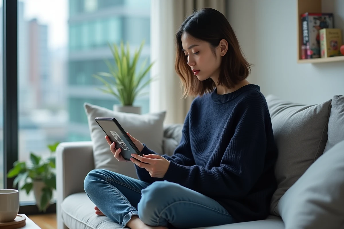 Femme lisant des scans de manga One Piece arc Egghead sur une tablette confortablement installée dans son salon