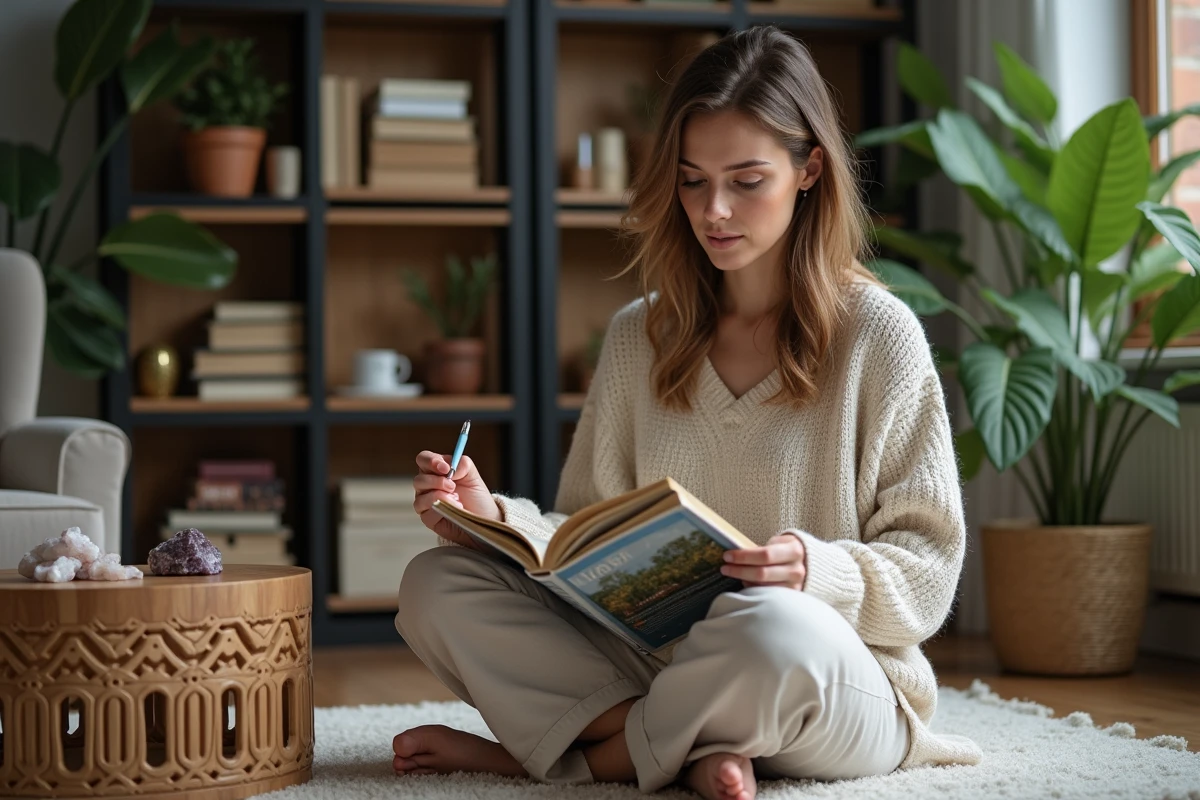 Femme concentrée lisant un magazine mystique dans un salon cosy