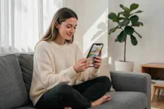 Jeune femme lisant un webtoon sur smartphone depuis son canapé en 2026