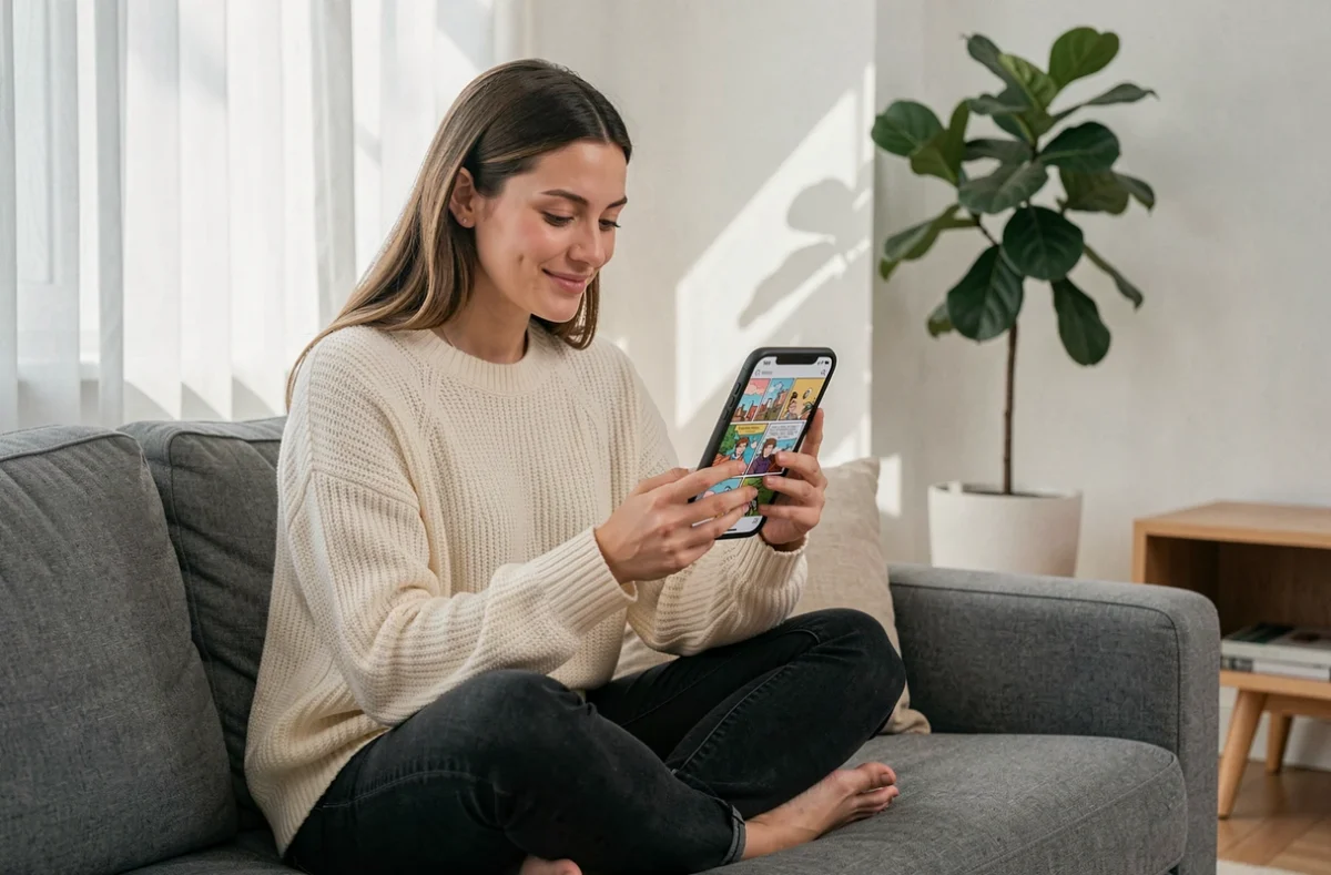 Jeune femme lisant un webtoon sur smartphone depuis son canapé en 2026