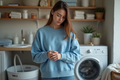 Jeune femme examinant son vêtement dans une buanderie