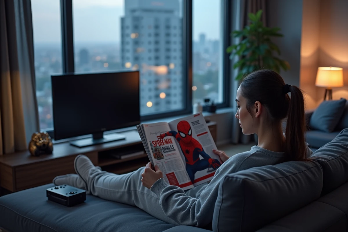 Femme lisant un magazine sur Spider-Man Miles Morales dans un salon moderne avec console PlayStation