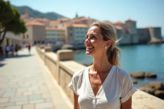 Femme souriante à Antibes avec vue sur la vieille ville
