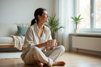 Femme assise avec mug dans un salon minimaliste