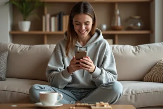 Jeune femme jouant à Monopoly GO sur smartphone dans son salon, cherchant des dés gratuits en ligne