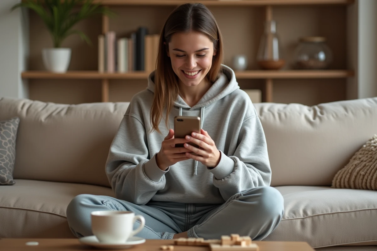 Jeune femme jouant à Monopoly GO sur smartphone dans son salon, cherchant des dés gratuits en ligne