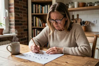 Femme belge résolvant des mots croisés avec une grille de puzzle et un crayon sur une table en bois dans un intérieur chaleureux